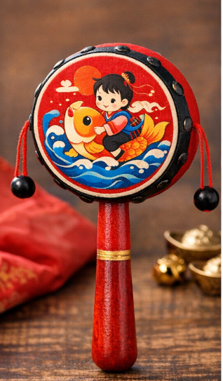 Baby holding the hand‑shaken rattle while it spins