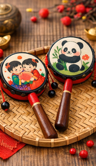 Colorful wooden baby rattle with chewable handles